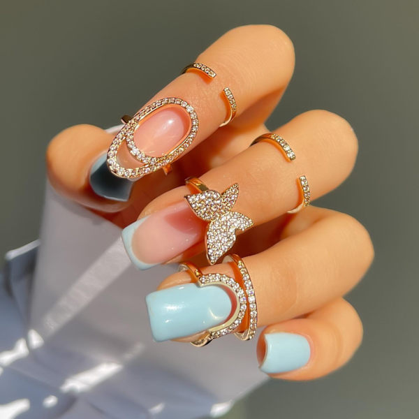 3 stk. fingerneglring til kvinder, rhinsten fingertip ringe, fingernegl smykker, guld metal negledekoration, neglebeskyttelse