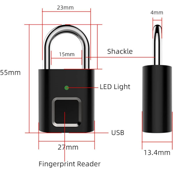 Fingeraftryk hængelås, Smart fingeraftryk hængelås, Nøglefri, Vandtæt, Biometrisk, Tyverisikret, Genopladelig, USB, til rygsække, kufferter