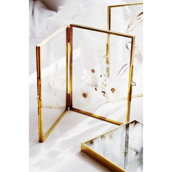 Gullfarget Bilde Ramme - 4 * 6 tommer Dobbel Folding Glass Ramme for Presset Blomst