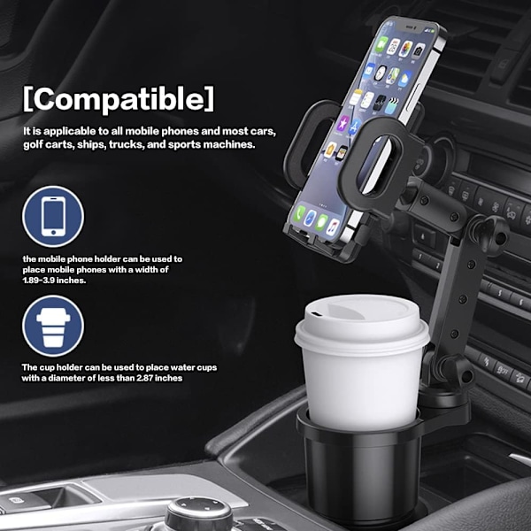 Universal Biltelefonholder, Biltilbehør med 2 i 1 Multifunktionel Udvidbar Kopholder med 360° Rotation
