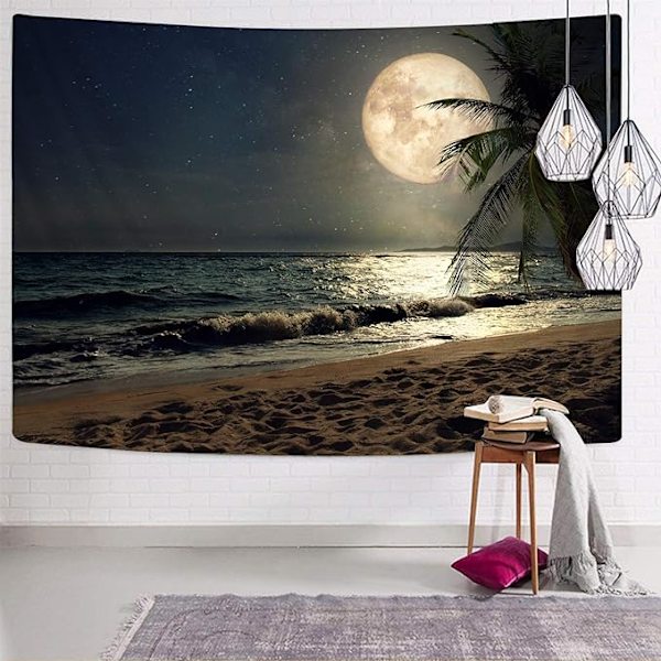 Strandtapet för sovrum Hawaii Kokosnöt Tropiskt träd Månljus Väggbonader Havsvatten Tapestries  (59,1\" H x 59,1\" B,Strand)Marinblå
