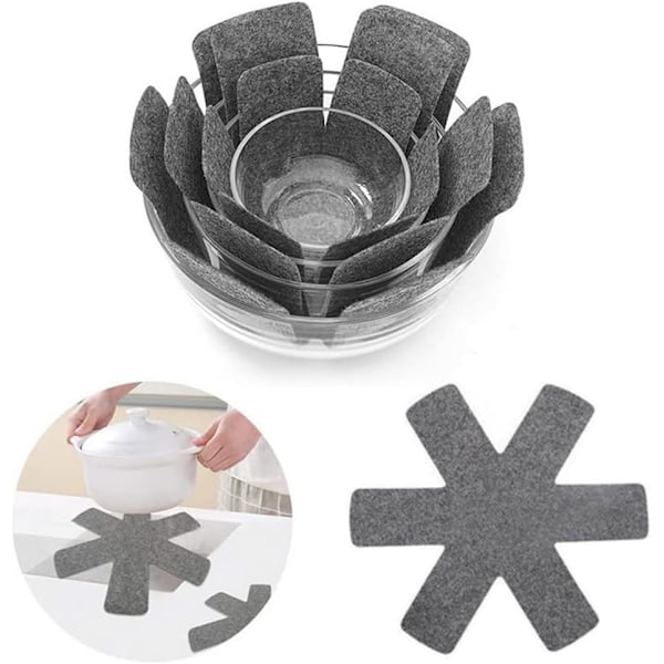 Set med 6 stapelbara grytunderlägg - Justerbara filtgrytunderlägg - Halkfria och återanvändbara kökstillbehör - Diameter 38 cm - Grå