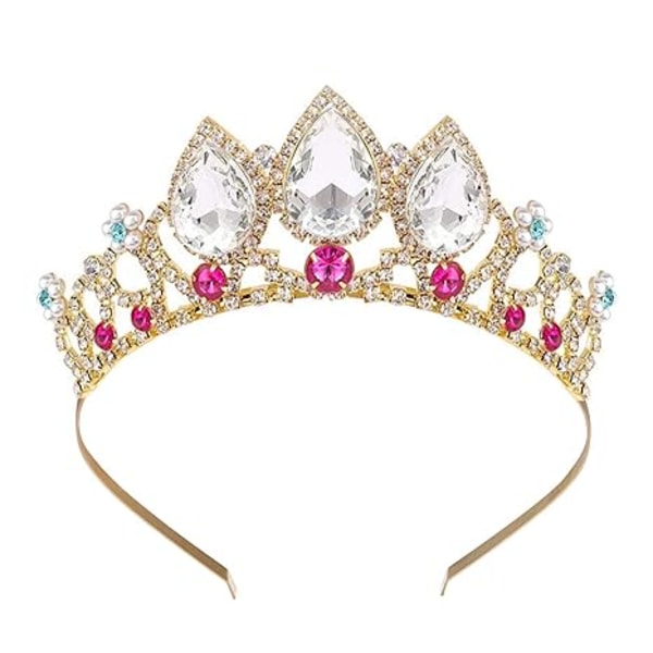 Girls Crystal Tiara Gold Birthday Crown Rapunzel Pearl Pannband för Ki