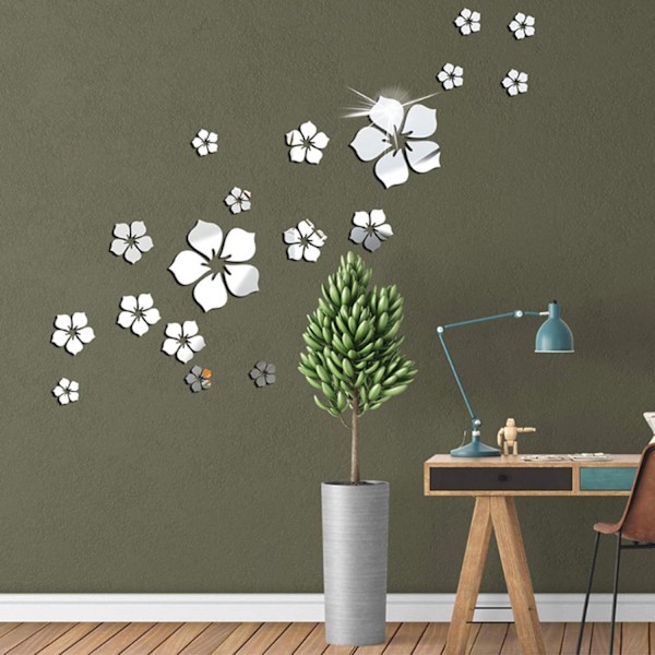 18 st Akryl Spegel Väggdekal för Hem Vardagsrum Sovrum Dekor 3D Blomma DIY Väggdekoration Silver