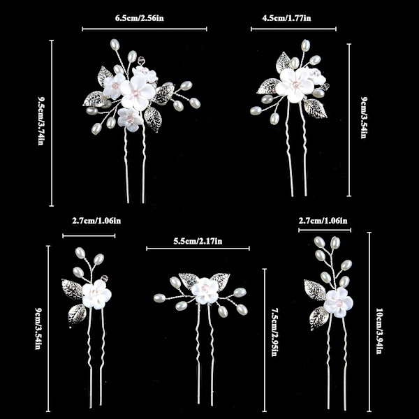 Bröllops hårnålar, 5-pack bröllopshårnålar med blommor, bröllopsaccessoarer, brudhårsnålar med pärlor (silver)