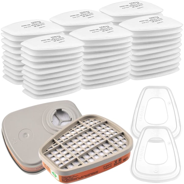 6001 Ersättningsbara Återanvändbara Andningsskyddsfilter Kit, 60 Filter Bomull, för Filtreringsrenare, Ansiktsskydd, Kompatibel med 6100/6200