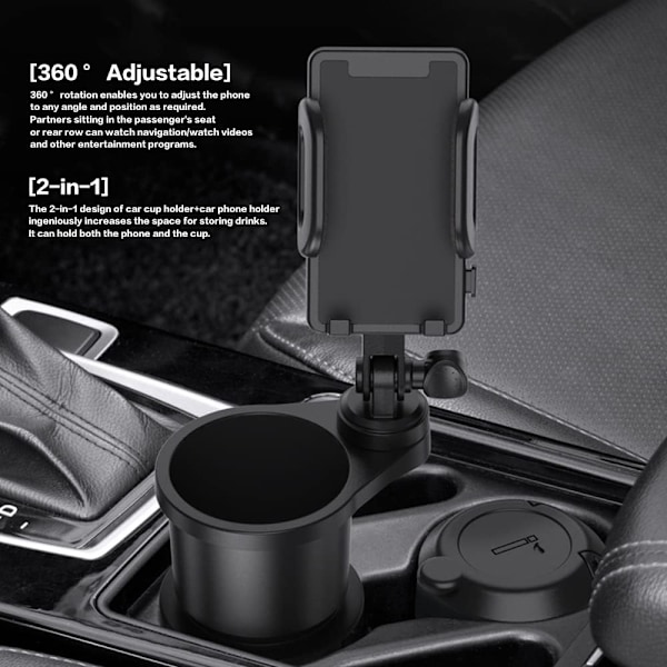 Universal Biltelefonholder, Biltilbehør med 2 i 1 Multifunktionel Udvidbar Kopholder med 360° Rotation