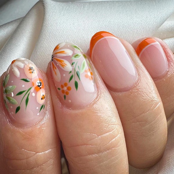 Oval Press on Nails Medium Fall Fake Nails Orange French Tip Round Acr