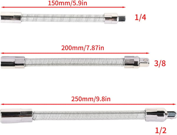 Set med 3 flexibla förlängningar i rostfritt stål Silver 1/4\" 3/8\" 1/2\"