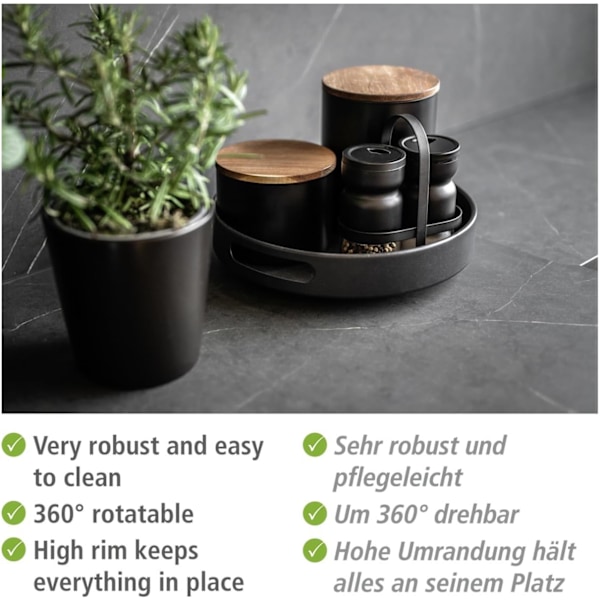 Roterande bricka, 360°, med praktisk kant och handtag, tillverkad av pulverlackerad metall (L/BxH) Ø 30 x 30 x 6,5 cm, svart