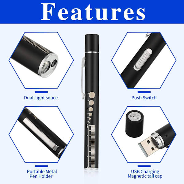 Pen Light, Gjenbrukbar LED Penlight for Studenter Leger Sykepleiere med 2 Li