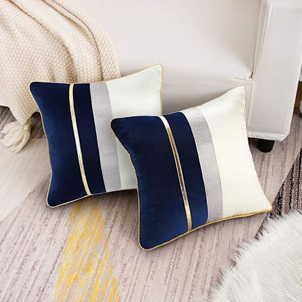 Putetrekk 45x45 cm Polyester Putetrekk Marineblå Hvit Patchwork Gull
