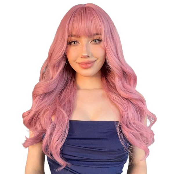 Rosa peruker med lugg Lång vågig rosa peruker för kvinnor Syntetisk naturlig vågig peruk Värmebeständig färgglada peruker för daglig fest Cosplay Användning 22”