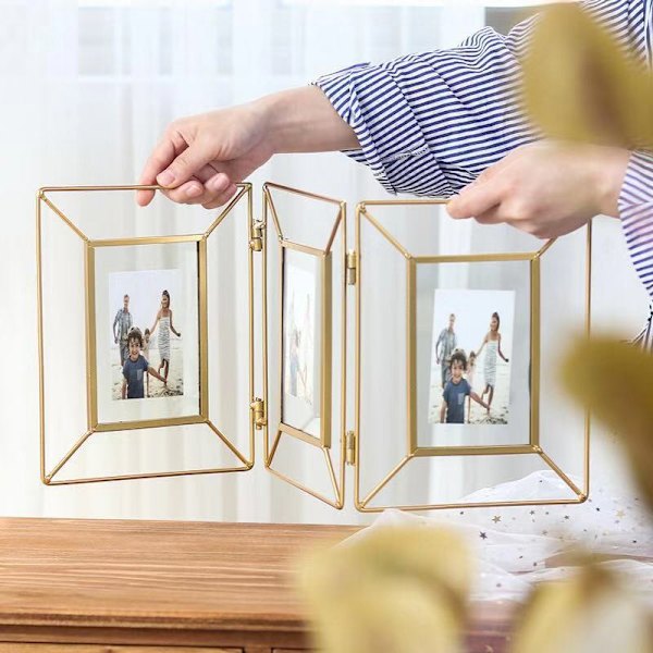Flytande mässingsguld trippelvikbara fotoramar, 3 öppningsvik, metall Pre