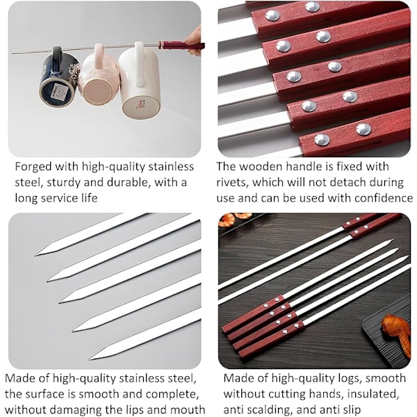 10 stk. grillspyd, rustfri stålspyd, flade metalspyd, genanvendeligt grilltilbehør, til grillfester (40 cm)