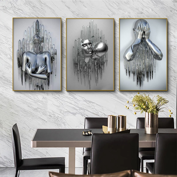 Set av 3 konst moderna affischer, 3d metall figur staty konst utan ram