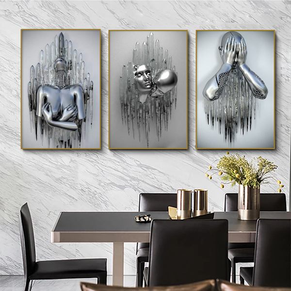 Set med 3 moderne kunstplakater, 3D metallfigur statuekunst uten ramme