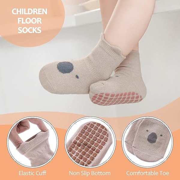 5 par med sklisikre sokker for småbarn med grep, babysokker for barn, jenter, gutter, M for 1-3 år, beige, blå, kaffe, kaki, rosa
