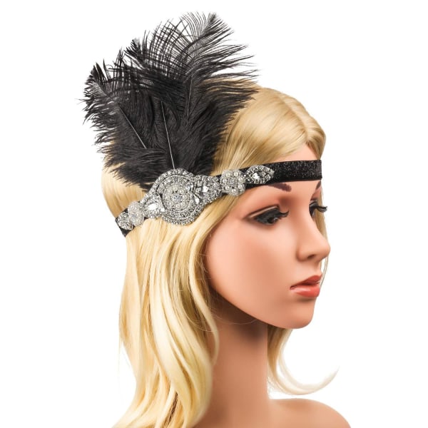 1920-talls hodeplagg Flapper pannebånd, Rhinestone fjær Great Gatsby hodeplagg hårtilbehør for kvinner (svart)