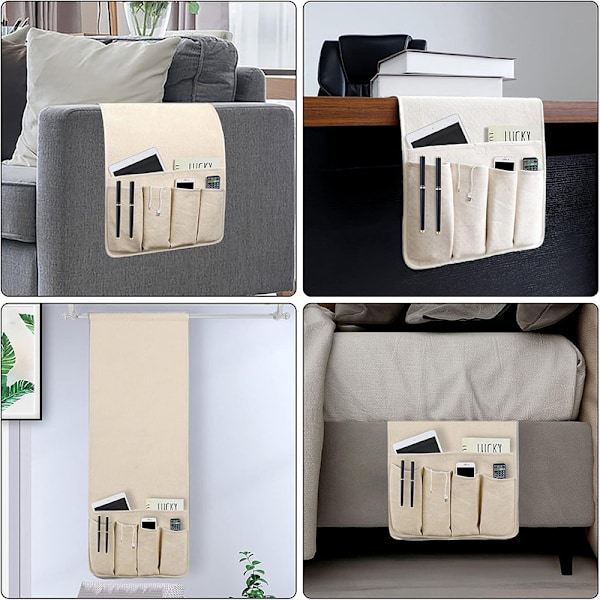Yöpöydän säilytystasku 5 taskulla, liukumaton sohvan kaukosäätimen pidike, sohvan nojatuolin säilytystarvikkeet (Beige)