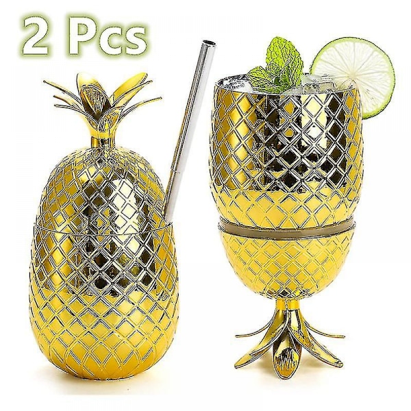 2 stk 500 ml ananas drikkekopper med sugerør i rustfritt stål