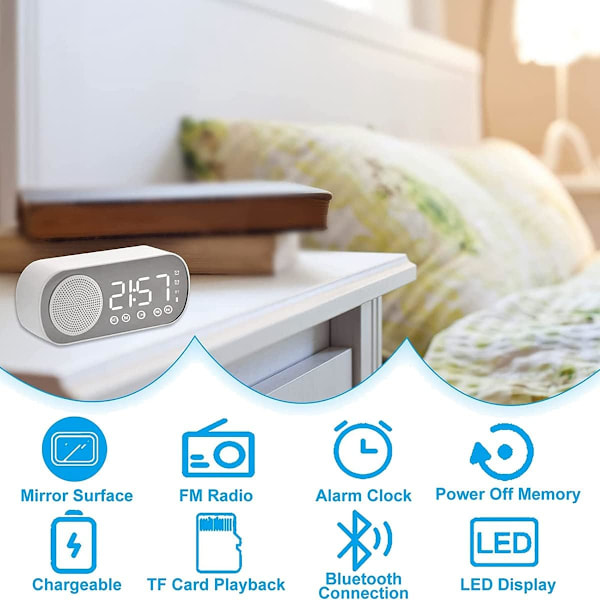 LED Digital Klocka med FM-radio och Bluetooth-högtalare, 3 Ljusstyrkenivåer, Dimningsläge, Snooze-klockor för Dekoration
