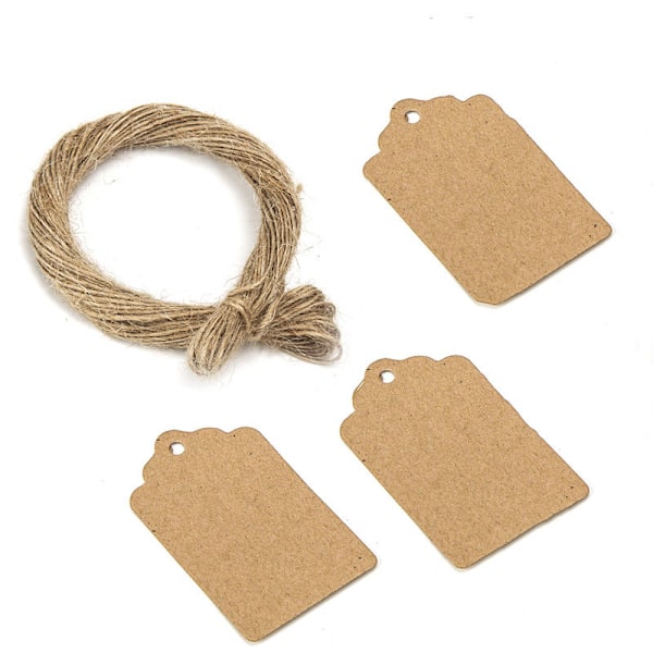 100 st Presentetiketter med Snöre, 5 x 3 cm Kraftpapper Hängande Etiketter för Kläder DIY Hantverk Bröllop Högtid (Brun)