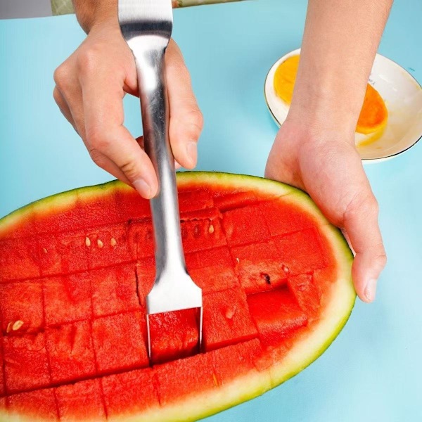 2-in-1 Ruostumattomasta teräksestä valmistettu hedelmäleikkuri, vesimelonihaarukkaleikkuri (1 KPL)