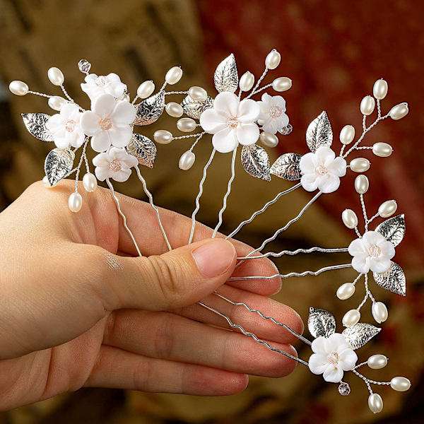 Bröllops hårnålar, 5-pack bröllopshårnålar med blommor, bröllopsaccessoarer, brudhårsnålar med pärlor (silver)