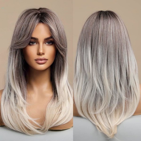 Langt Lagdelt Ombre Grå Parykker For Kvinner, 22 Tommer Ombre Grå Side Parting