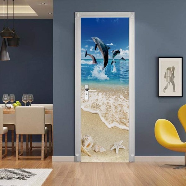 Dörrdekal Trompe l'oeil Effekt 3D Tapet kompatibel Innerdörr Kontor Sovrum Vardagsrum Badrum Delfinmönster 77 x 200 cm