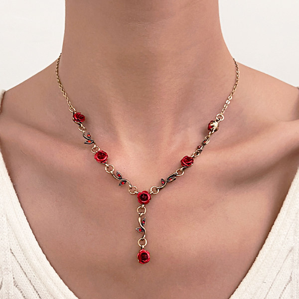 3 stk. Rosen Halskæde Armbånd Øreringe Rosen Armbånd til Kvinder Rød Juvel