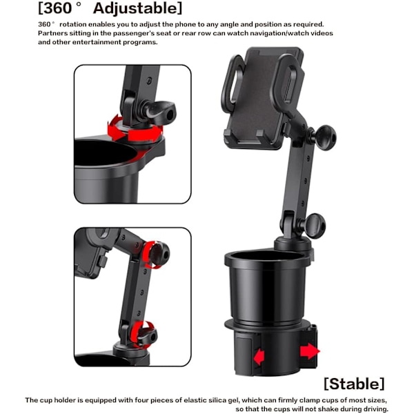 Universal Biltelefonholder, Biltilbehør med 2 i 1 Multifunksjonell Utvidbar Koppholder med 360° Rotasjon