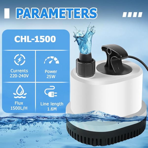 Mini Vesipumppu Erittäin Hiljainen Akvaariopumppu Uppoasennettava Pumppu Max.1500L/H 25W 220-240V Ulkolammen Pumppu Suihkulähdepumppu 2,3M Kaapelilla 3 Suutinta Kellariin