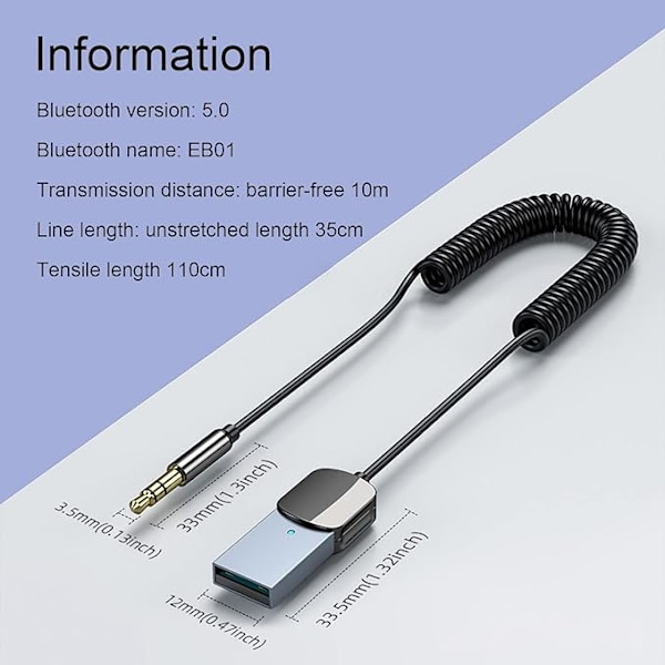 Bluetooth-mottaker for bil, USB Bluetooth Aux-adapter Bluetooth 5.0-mottaker med