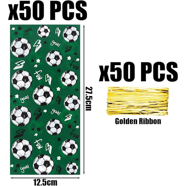 50 stk. fodboldgaveposer med 50 stk. guldfarvede metalliske bånd, flade poser, gaveposer, fodboldtema-poser, festgaveposer