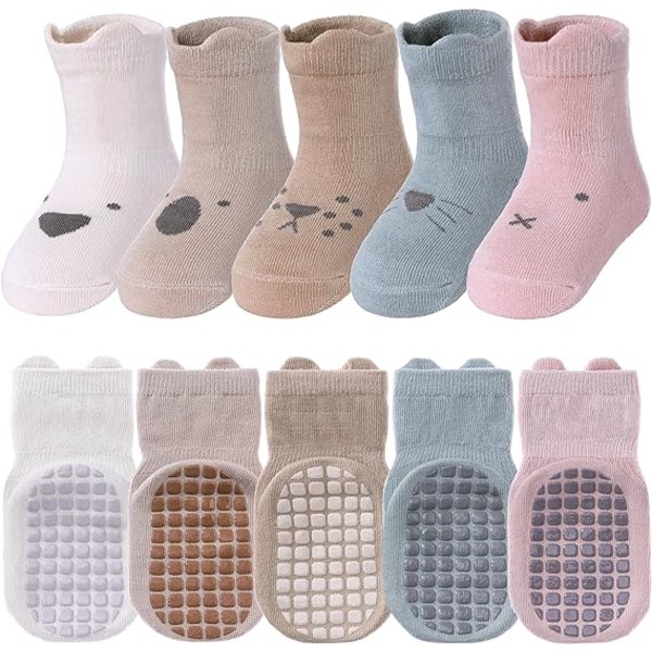 5 par babystrømper med skridsikre greb til småbørn - Strømper til piger og drenge i alderen 1-3 år - Beige, blå, kaffe, khaki og pink