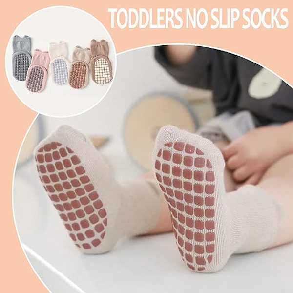 5 par med sklisikre sokker for småbarn med grep, babysokker for barn, jenter, gutter, M for 1-3 år, beige, blå, kaffe, kaki, rosa