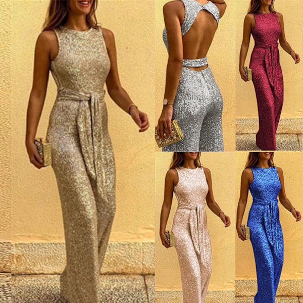 Rund hals ärmlös personlighet paljett silver prick jumpsuit damkläder, guld
