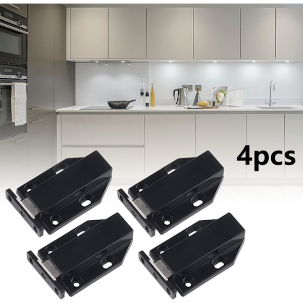 4-pack svarta skåpslås, tryck för att öppna, stark magnetisk sugkopp, pålitlig