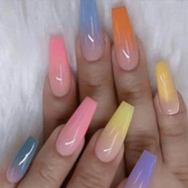 Lange falske negler regnbue gradient farge blank akryl ballerina falske