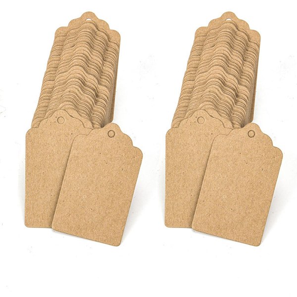 100 st Presentetiketter med Snöre, 5 x 3 cm Kraftpapper Hängande Etiketter för Kläder DIY Hantverk Bröllop Högtid (Brun)