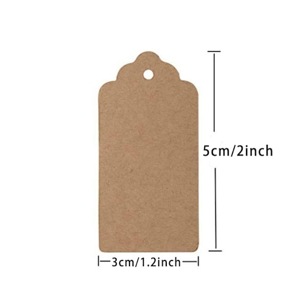 100 st Presentetiketter med Snöre, 5 x 3 cm Kraftpapper Hängande Etiketter för Kläder DIY Hantverk Bröllop Högtid (Brun)
