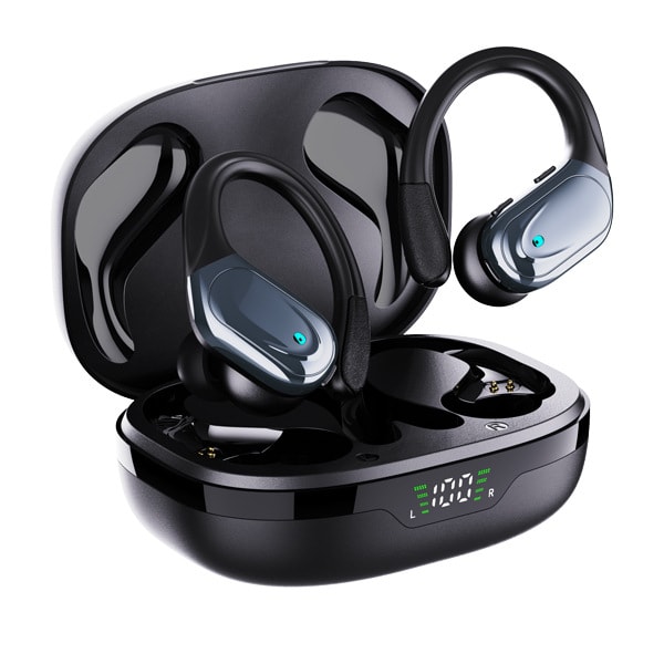 Öronmonterade trådlösa hörlurar, trådlösa hörlurar Bluetooth hörlurar, smarta digitala brusreducerande sporthörlurar, vattentät, svart