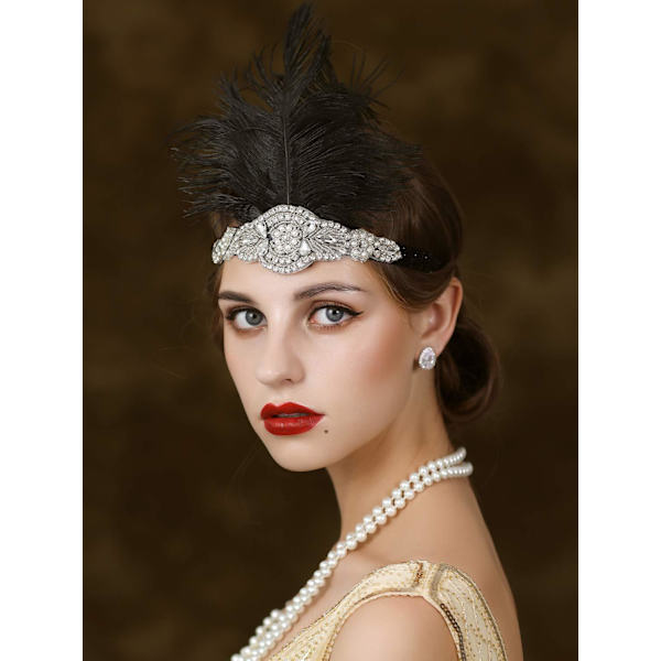 1920-talls hodeplagg Flapper pannebånd, Rhinestone fjær Great Gatsby hodeplagg hårtilbehør for kvinner (svart)