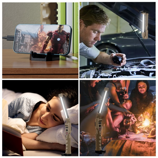 Genopladelig LED-inspektionslampe, arbejdslys lumens bærbar arbejdslampe med magnetisk base og krog lyse LED-lommelygter