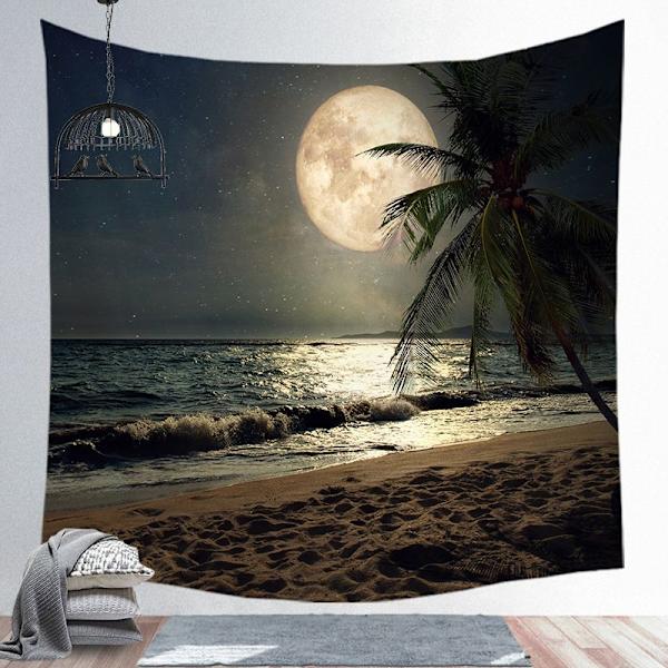 Strandtapet för sovrum Hawaii Kokosnöt Tropiskt träd Månljus Väggbonader Havsvatten Tapestries  (59,1\" H x 59,1\" B,Strand)Marinblå