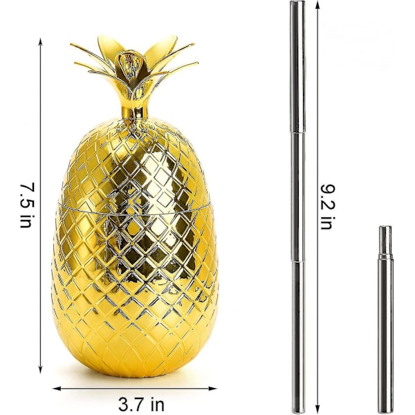 2 stk 500 ml ananas drikkekopper med sugerør i rustfritt stål