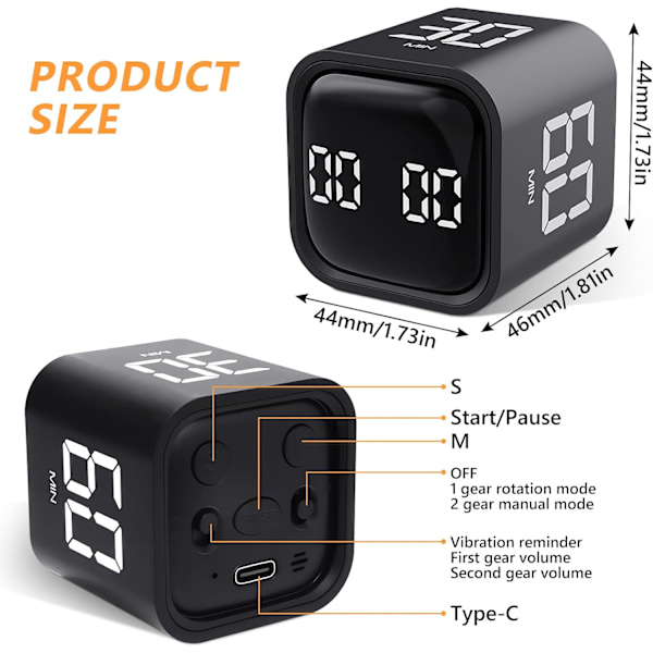Cube Time Timer, Pomodoro Roterende Timer, 5/10/30/60 Minutter og Digital Timer, Læringstimer for Barn med Vibrasjon, Justerbar Lydtimer for Kjøkken