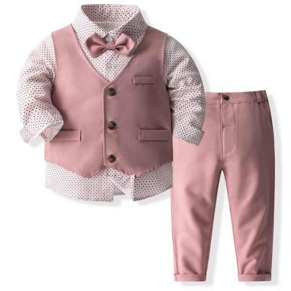 Baby Boy Kläder Kostymer, Toddler Klänning Skjorta med Fluga + Hängslen Byxor Outfit Set Gentleman Bröllop Rosa 120cm